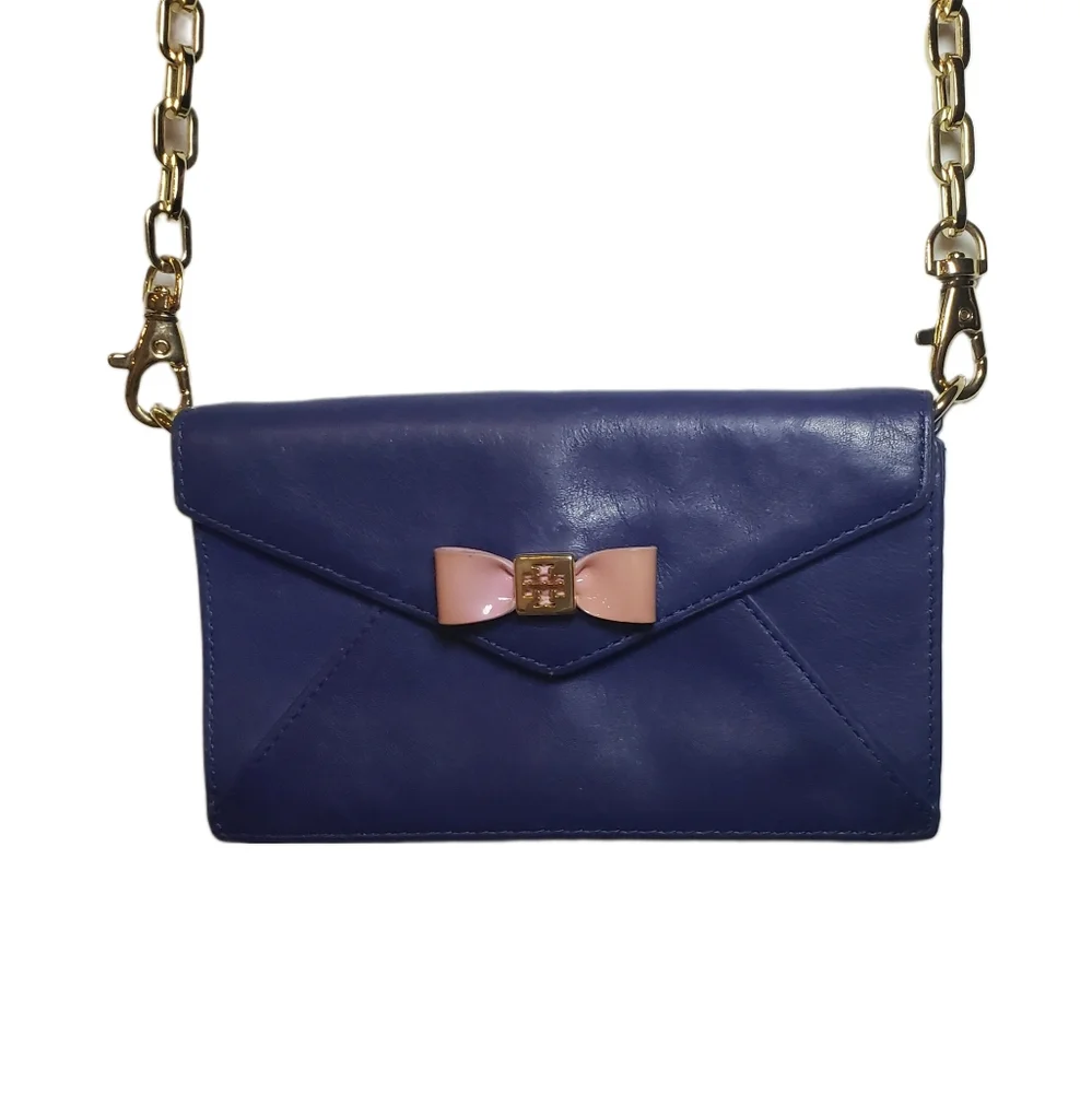 Tory Burch Blue Leather Envelope Mini Crossbody Purse Bag with Pink Bow